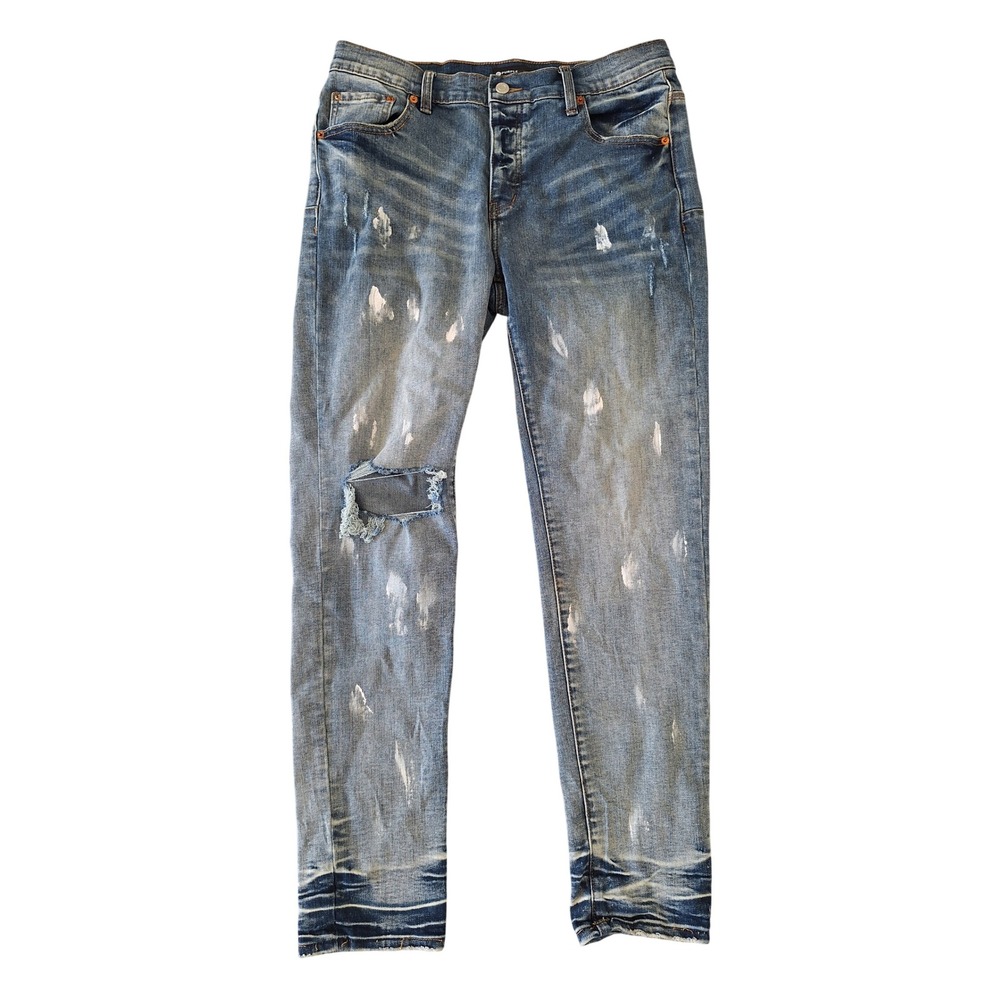Purple Brand P001 Slim Fit Distressed Paint Splatter Blue Jeans Mens 33
